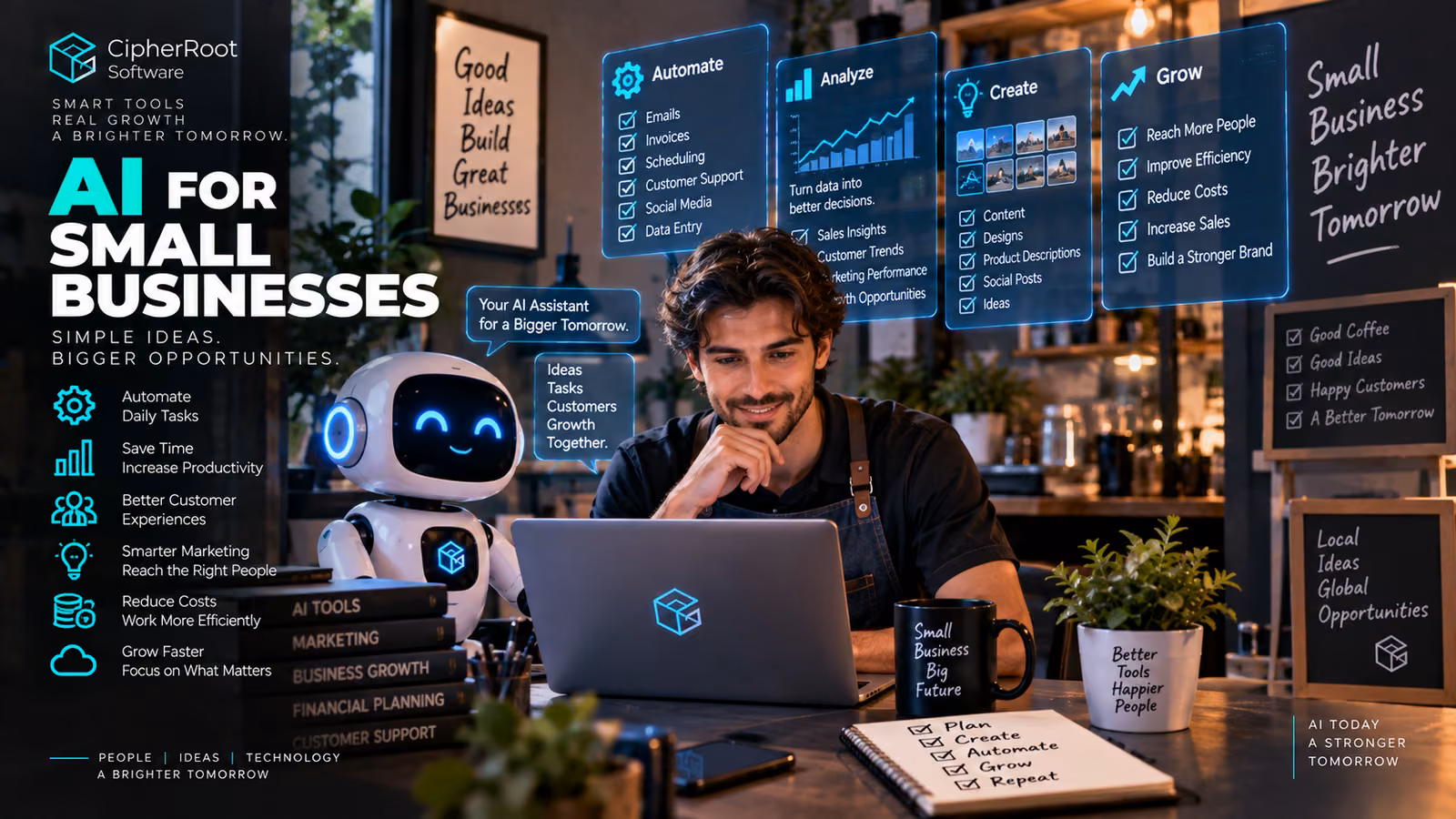A smiling small-business owner working on a laptop next to a small robot assistant, titled “AI for Small Businesses”