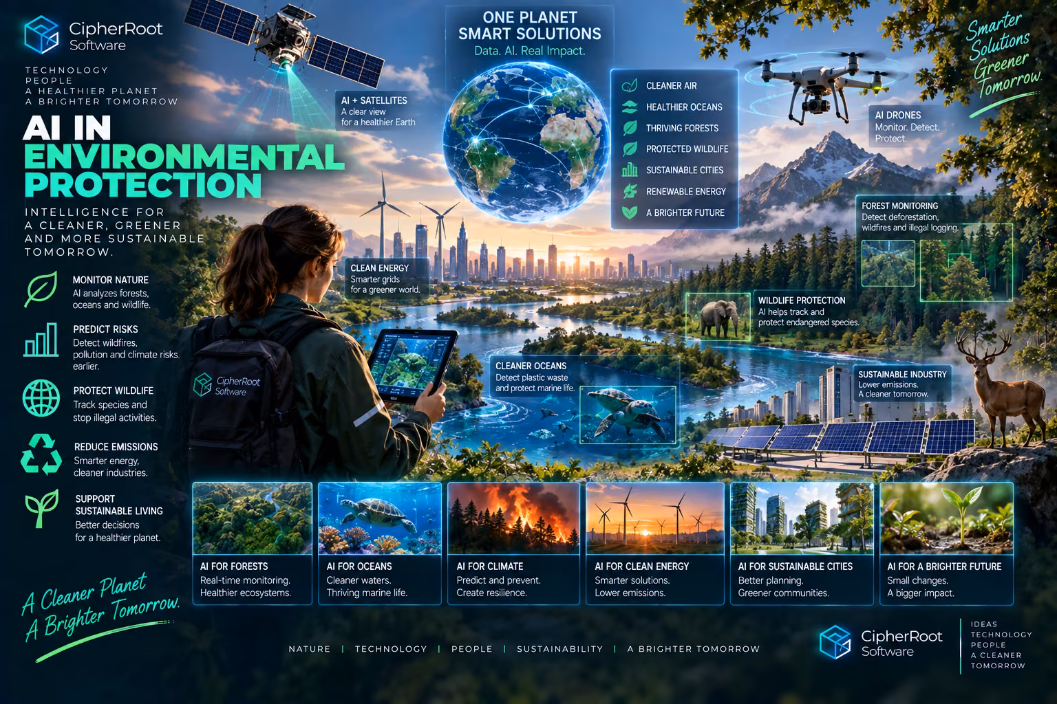 A person holding a tablet on a hillside overlooking a green city, forest and wildlife, with satellites and drones monitoring the land, titled “AI in Environmental Protection”
