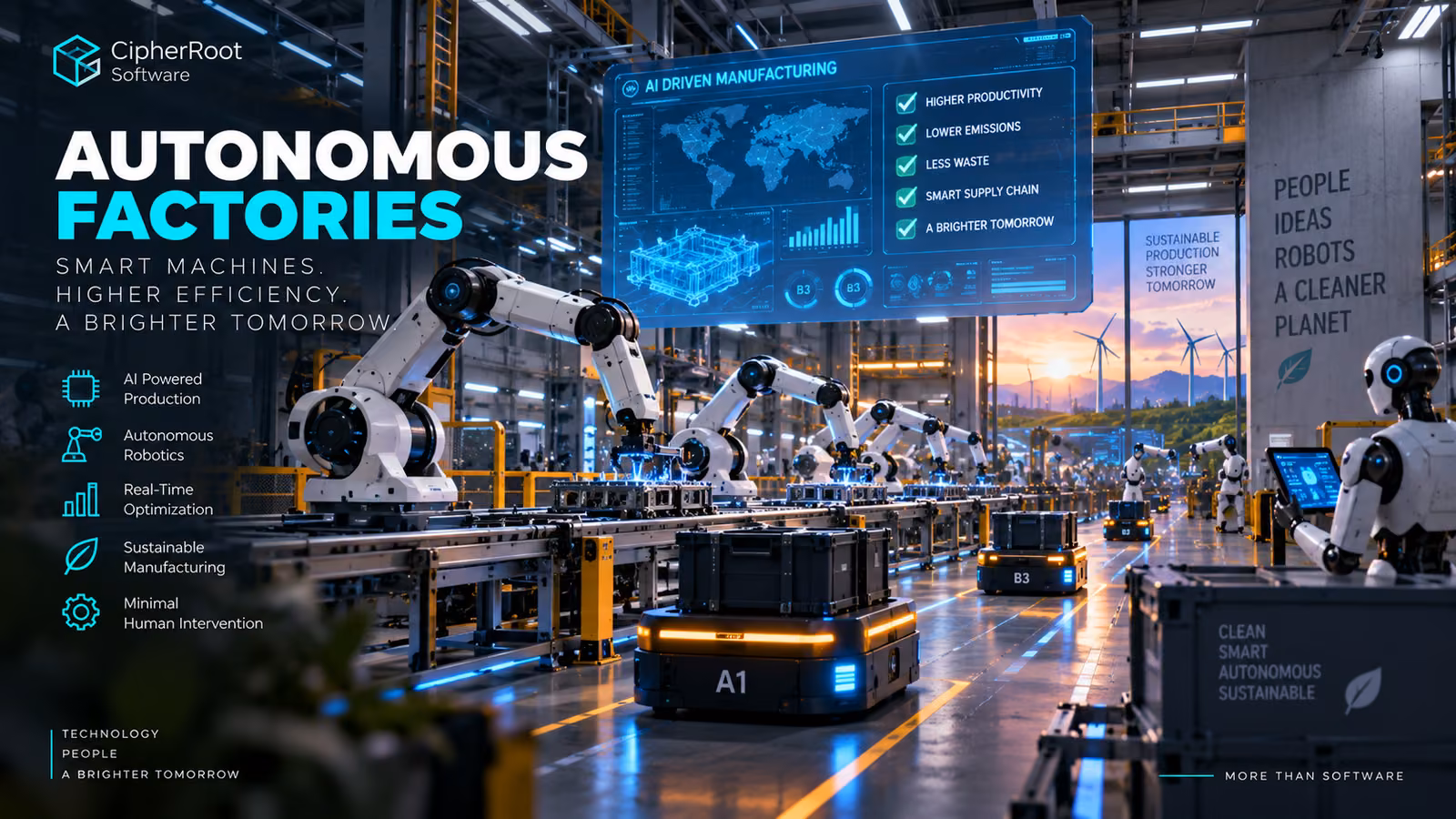 Rows of white robotic arms working on an automated production line, titled “Autonomous Factories”