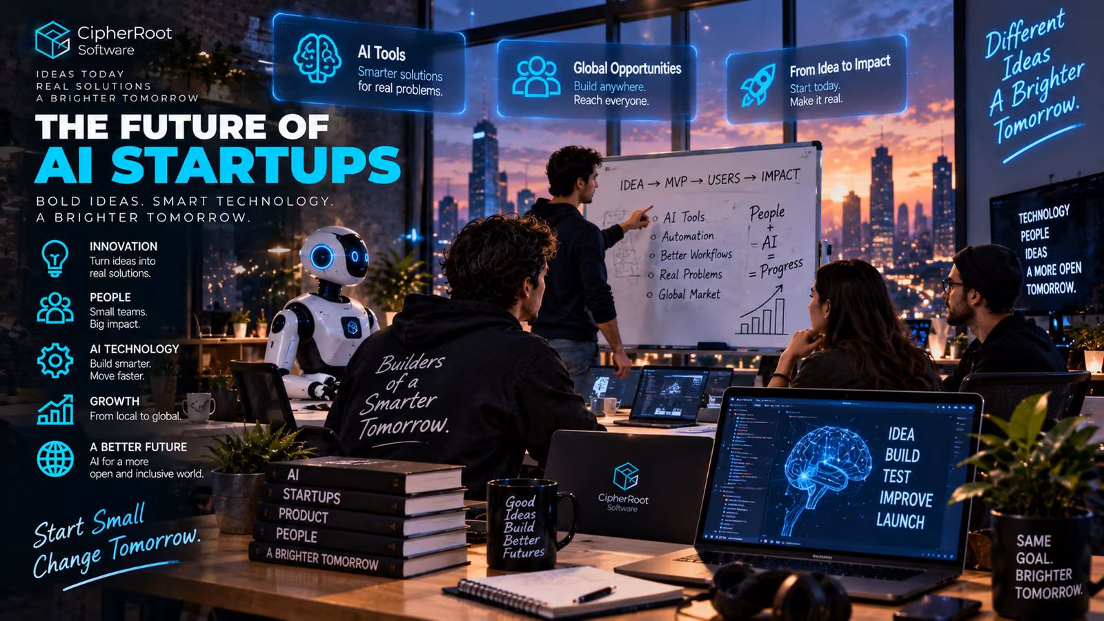 A small team gathered around a whiteboard and laptops with a robot nearby, titled “The Future of AI Startups”