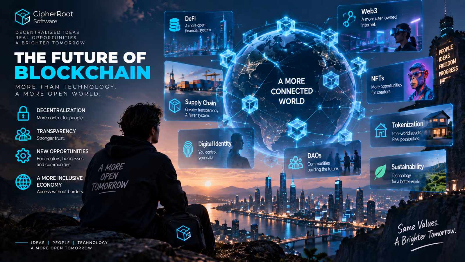 A person sitting on a hilltop at dusk looking at a glowing network globe above a city, titled “The Future of Blockchain”