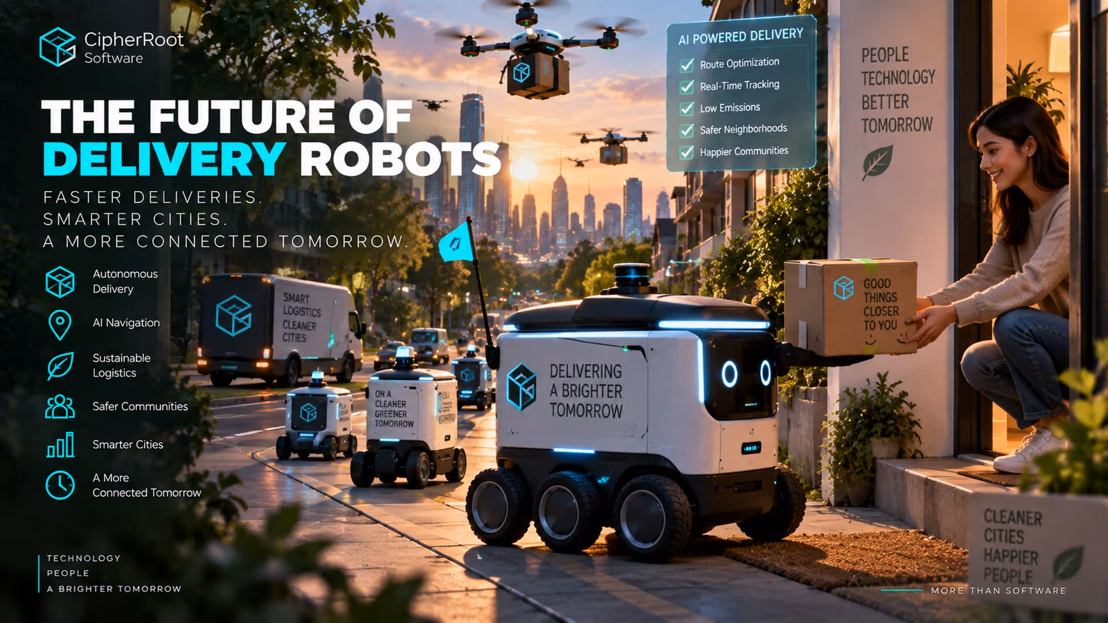 A wheeled delivery robot bringing a package to a woman at her door while drones fly overhead, titled “The Future of Delivery Robots”