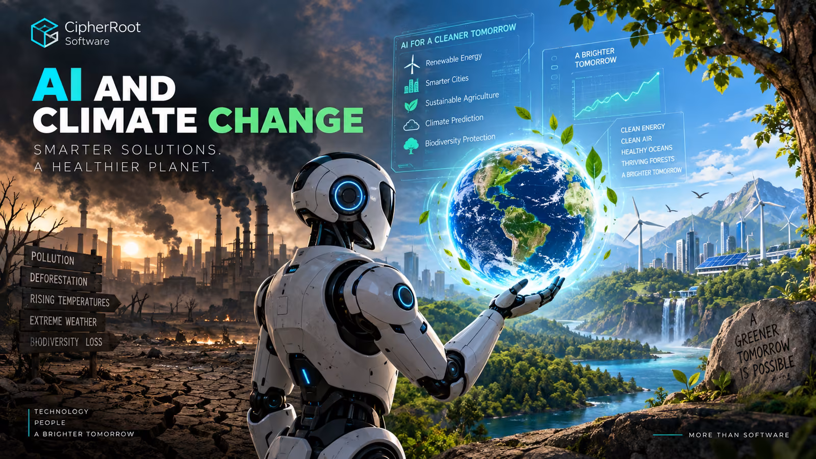 A humanoid robot holding a glowing Earth between a polluted industrial city and a green landscape with wind turbines, titled “AI and Climate Change”