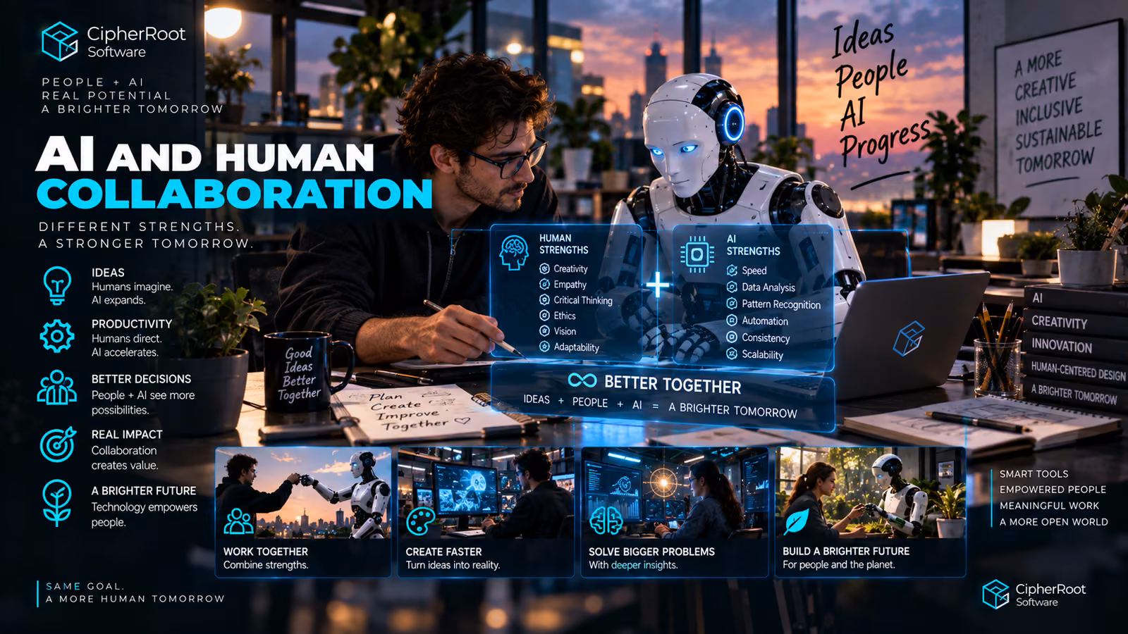 A man and a humanoid robot at a desk with a holographic panel comparing human and AI strengths, titled “AI and Human Collaboration”