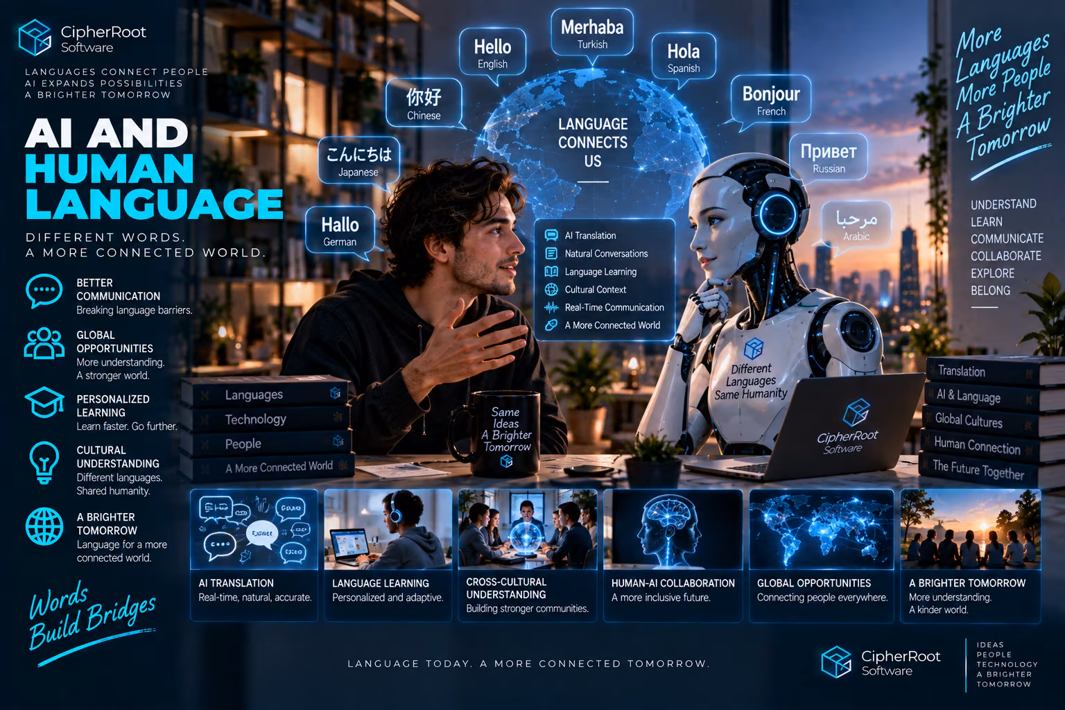 A man talking with a humanoid robot surrounded by greetings in many languages, titled “AI and Human Language”