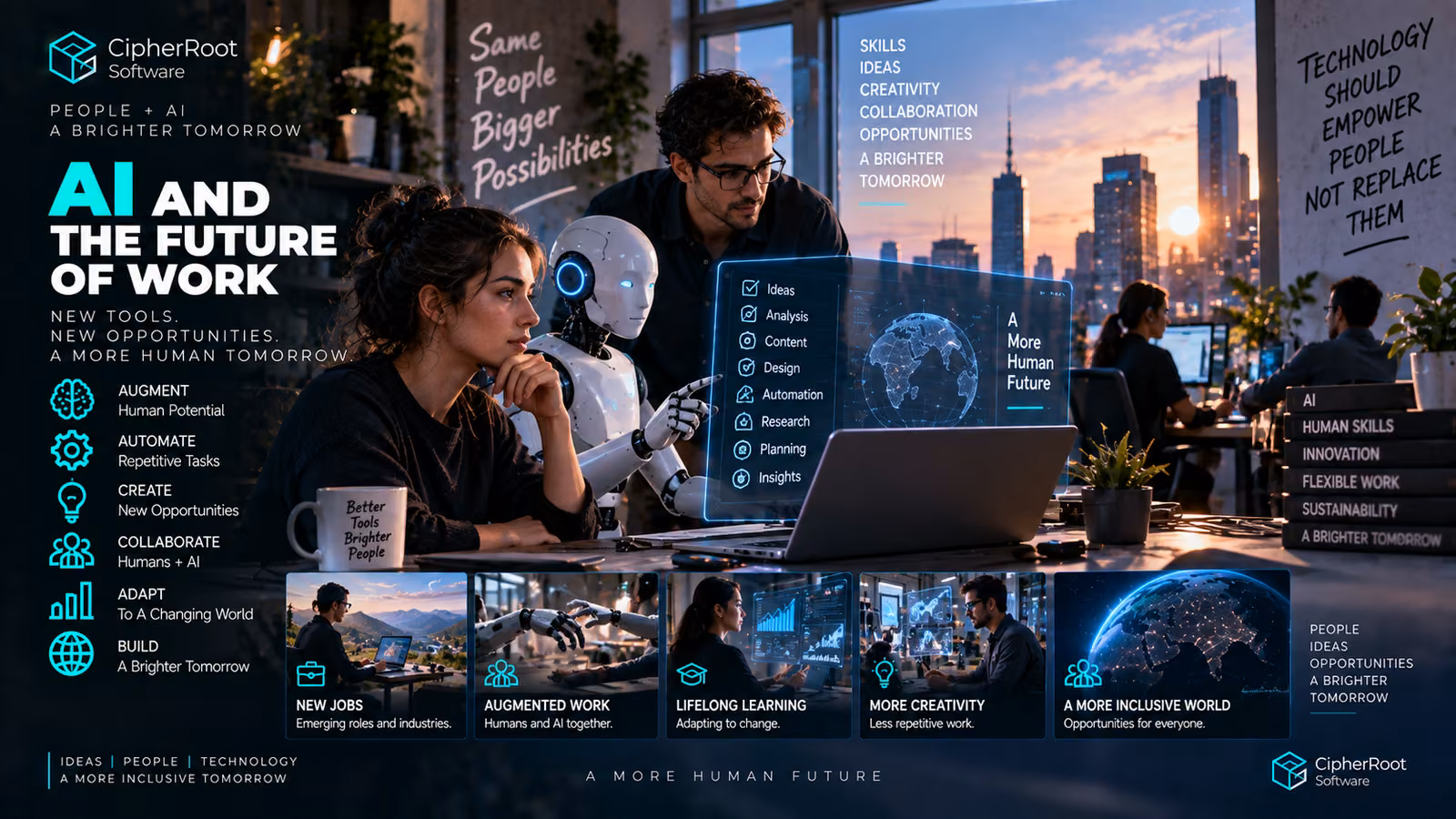 A woman working at a desk alongside a humanoid robot, with a city skyline behind them, titled “AI and the Future of Work”