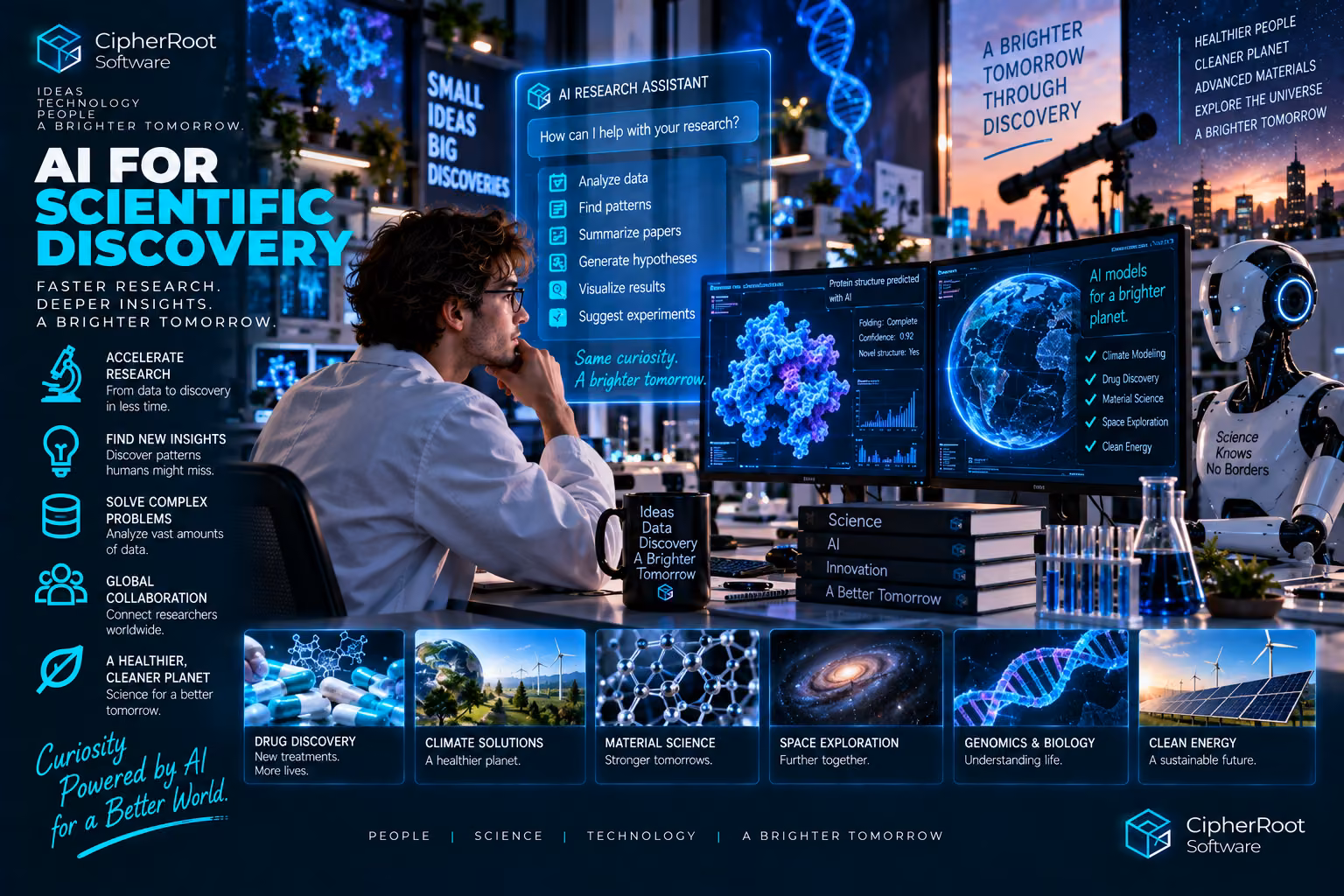 A researcher at a desk with a telescope, a microscope and holographic data, with a robot in the background, titled “AI for Scientific Discovery”