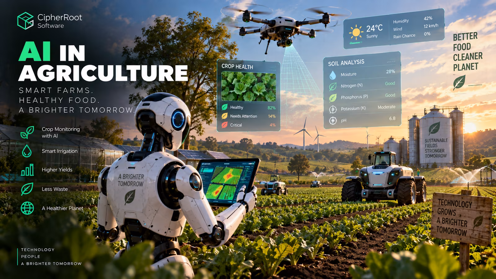 A humanoid robot holding a tablet in a crop field, with a drone and an autonomous tractor, titled “AI in Agriculture”