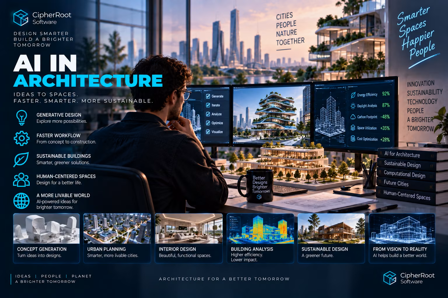 An architect at a desk viewing a holographic model of a green building in front of a city skyline, titled “AI in Architecture”