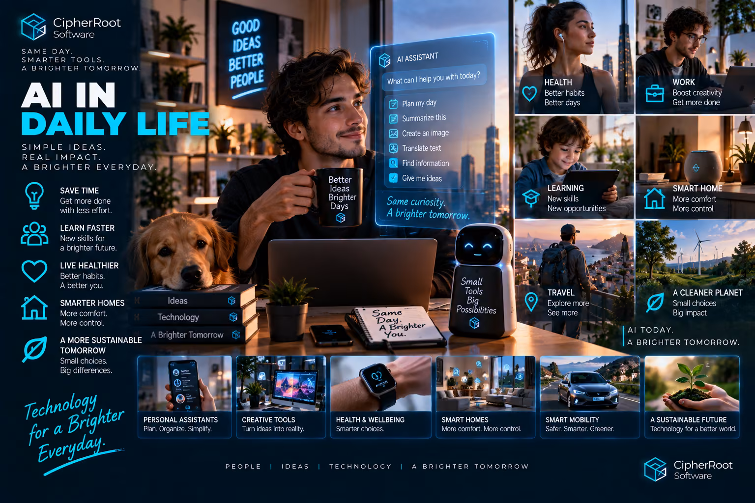 A young man at a laptop with a dog beside him and AI assistant panels around him, titled “AI in Daily Life”