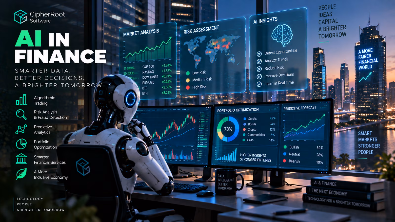 A humanoid robot at a trading desk surrounded by market charts and financial dashboards, titled “AI in Finance”