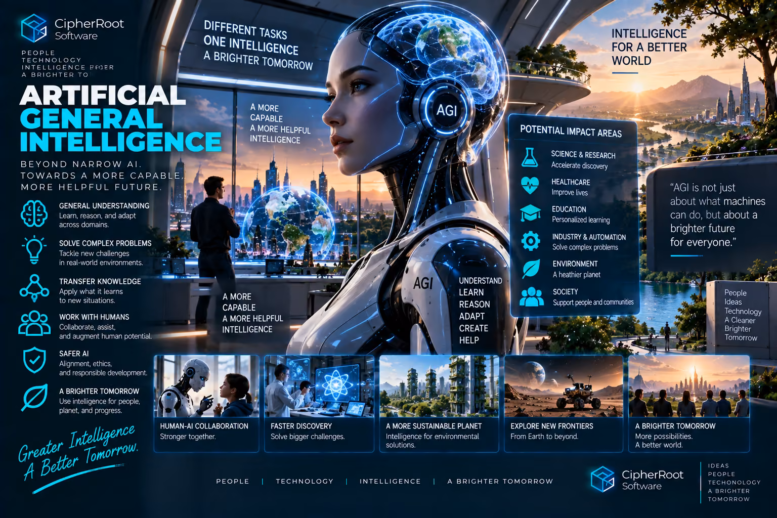 A humanoid android with a glowing “AGI” circuit pattern on its head, titled “Artificial General Intelligence”