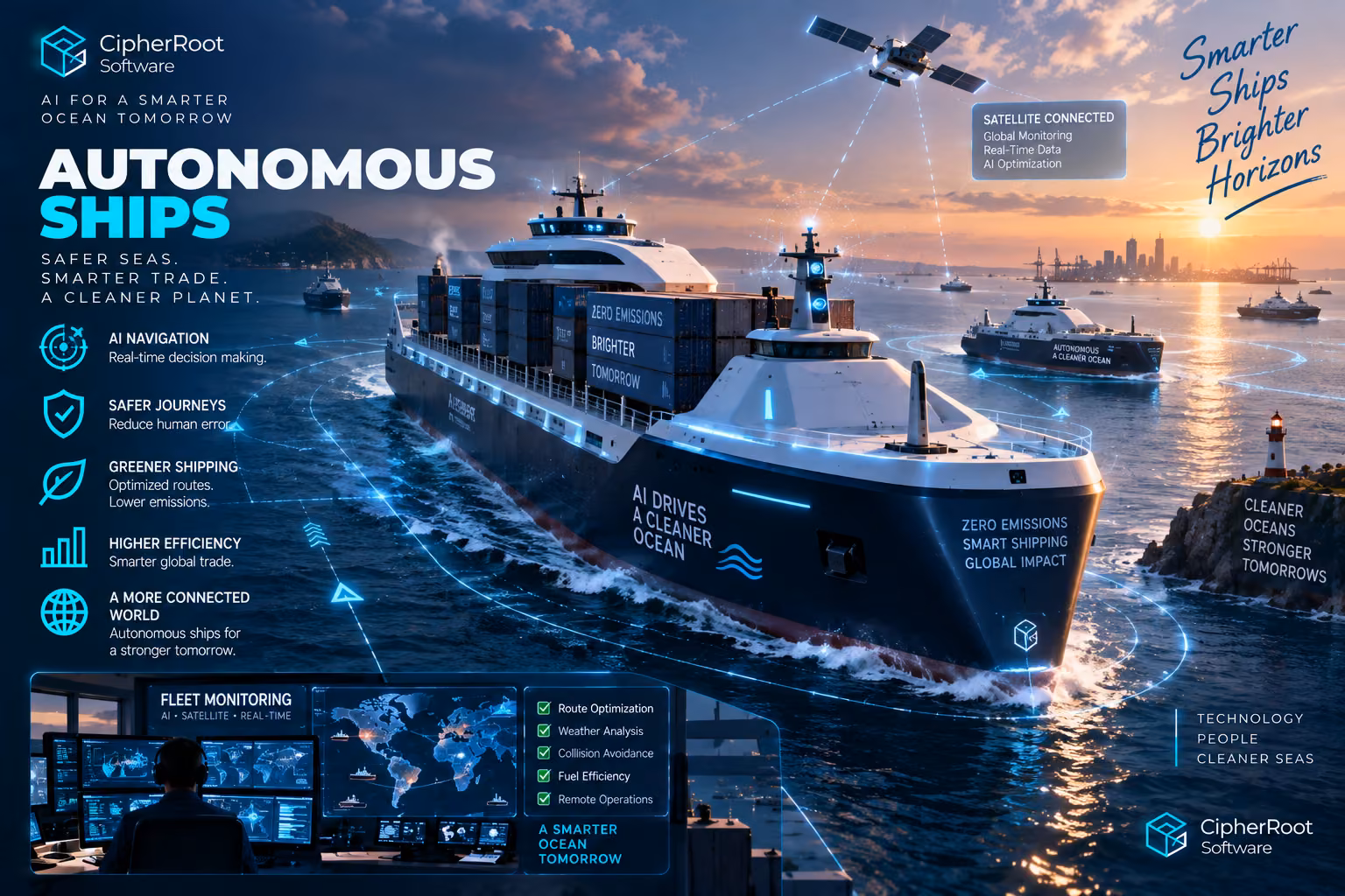 An autonomous container ship at sea with a satellite and a drone overhead, titled “Autonomous Ships”