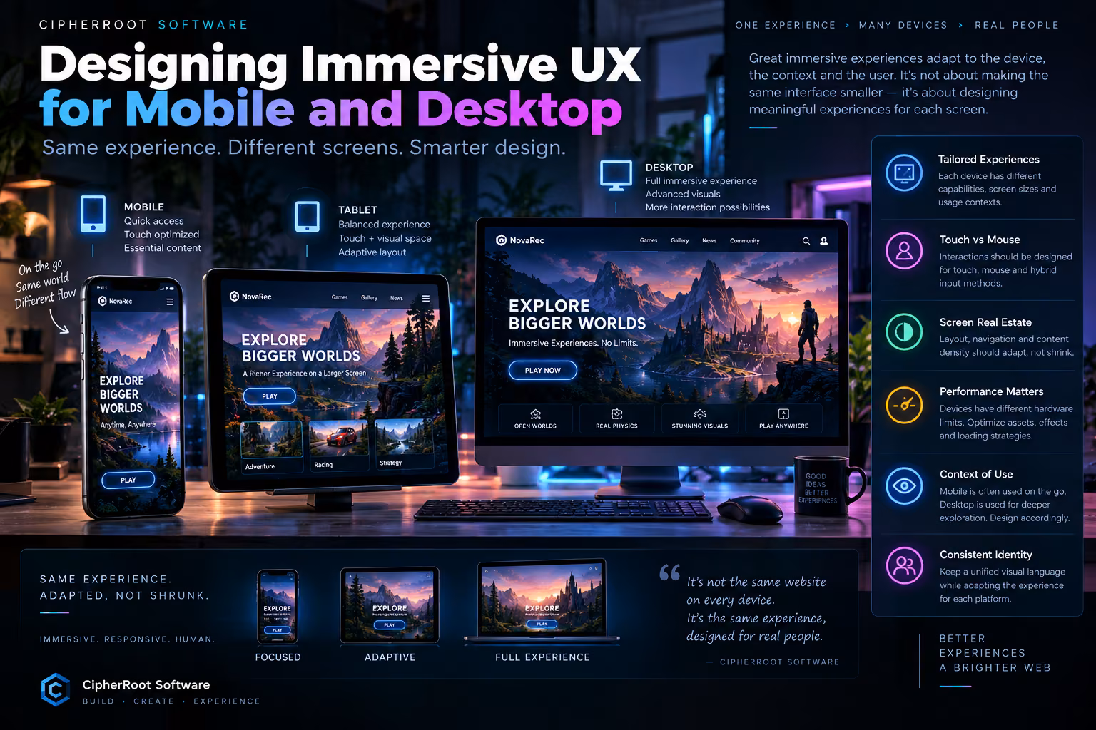 The same immersive web experience shown on a phone, a tablet and a desktop monitor, titled βDesigning Immersive UX for Mobile and Desktopβ