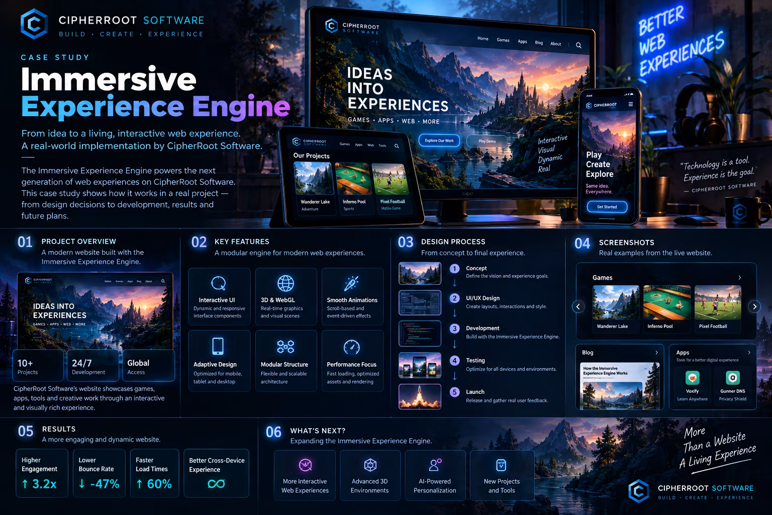 Case study layout for CipherRoot Softwareβs Immersive Experience Engine, with project overview, key features, design process, screenshots and results panels