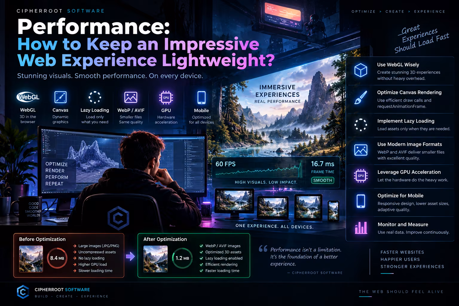 Performance infographic with a before-and-after optimization comparison, a 60 FPS readout and a checklist of lightweight web techniques