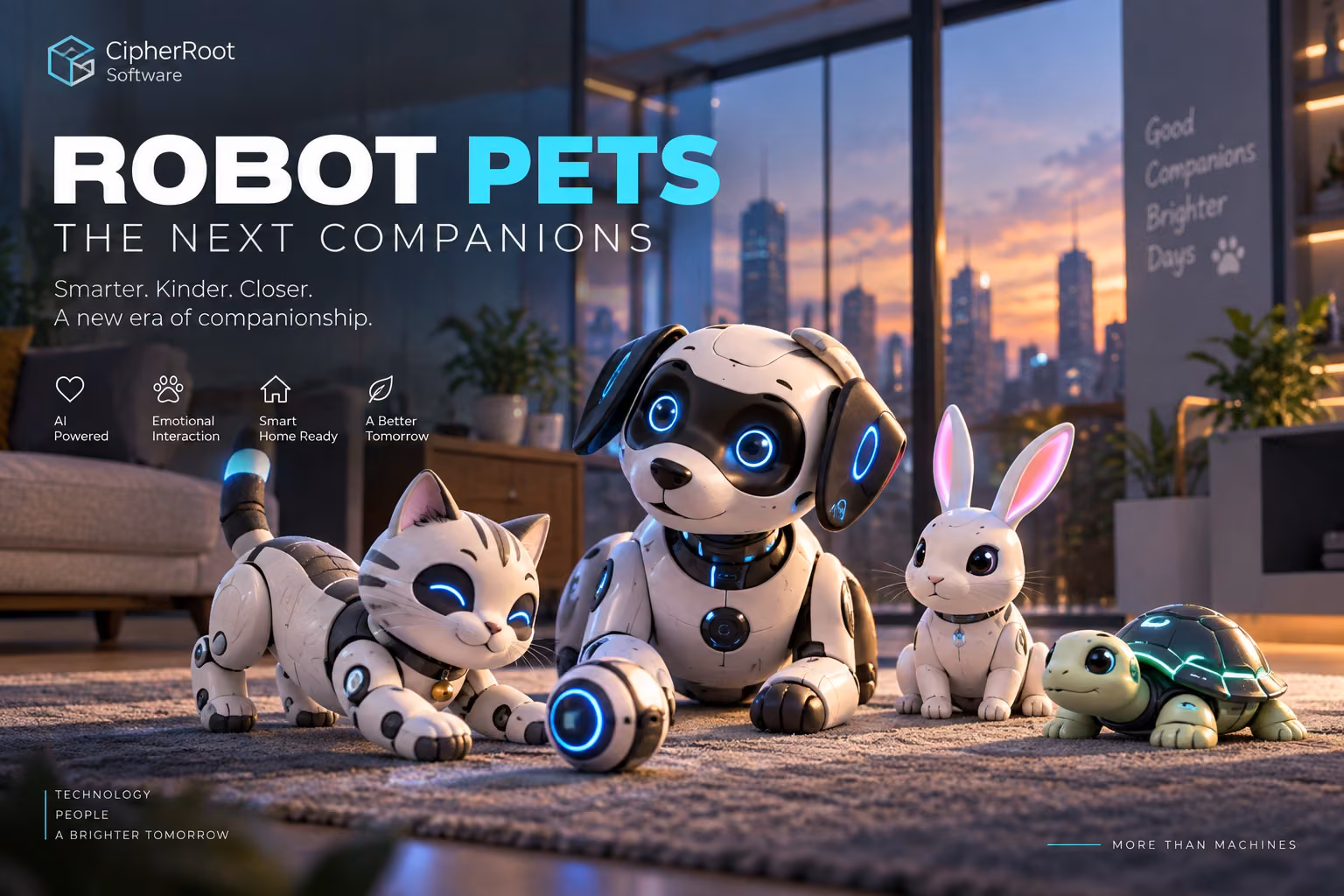 A robotic dog, cat, rabbit and turtle together in a living room at sunset, titled “Robot Pets: The Next Companions”