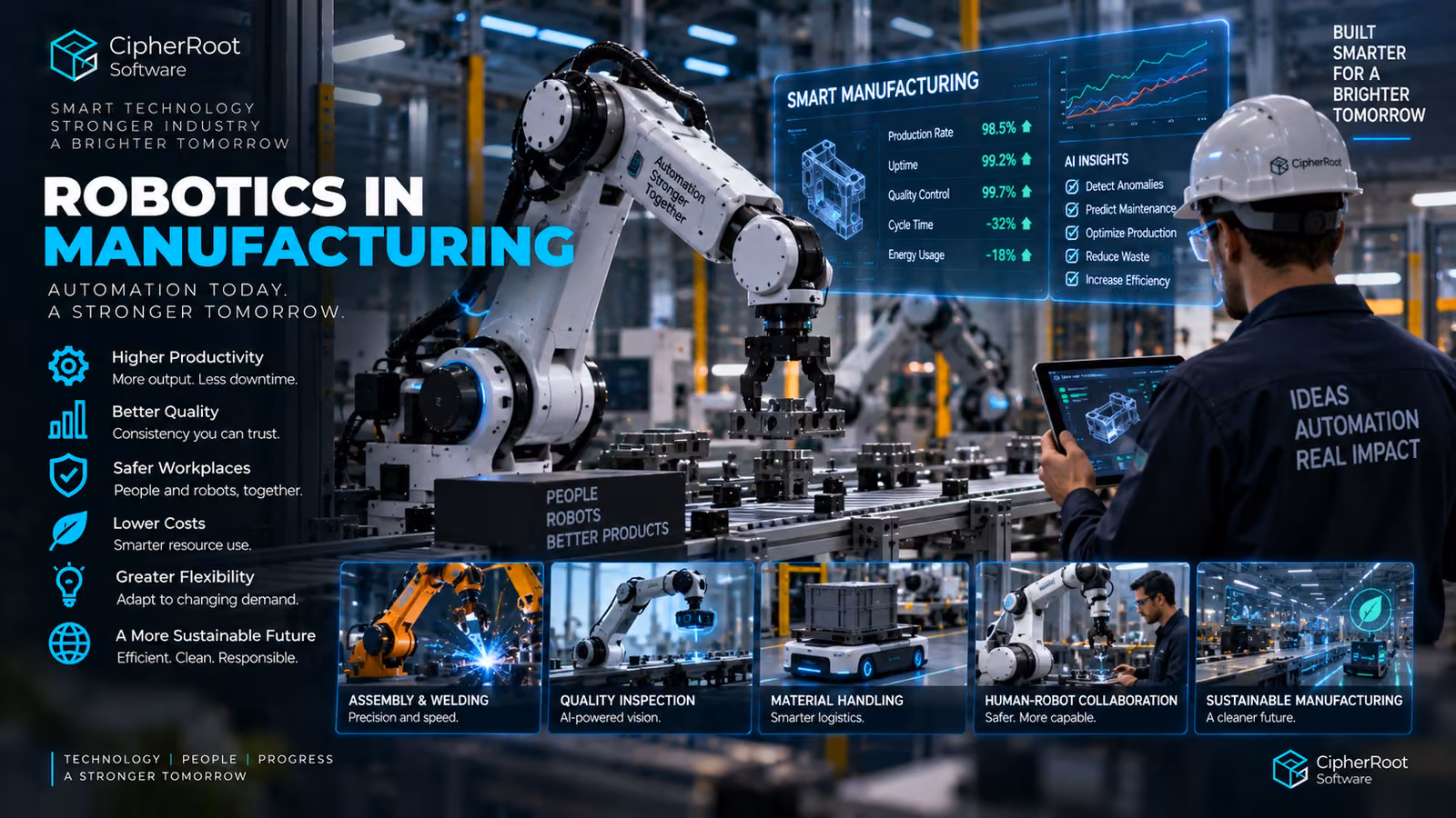 A worker in a hard hat with a tablet beside a large industrial robot arm on a factory floor, titled “Robotics in Manufacturing”