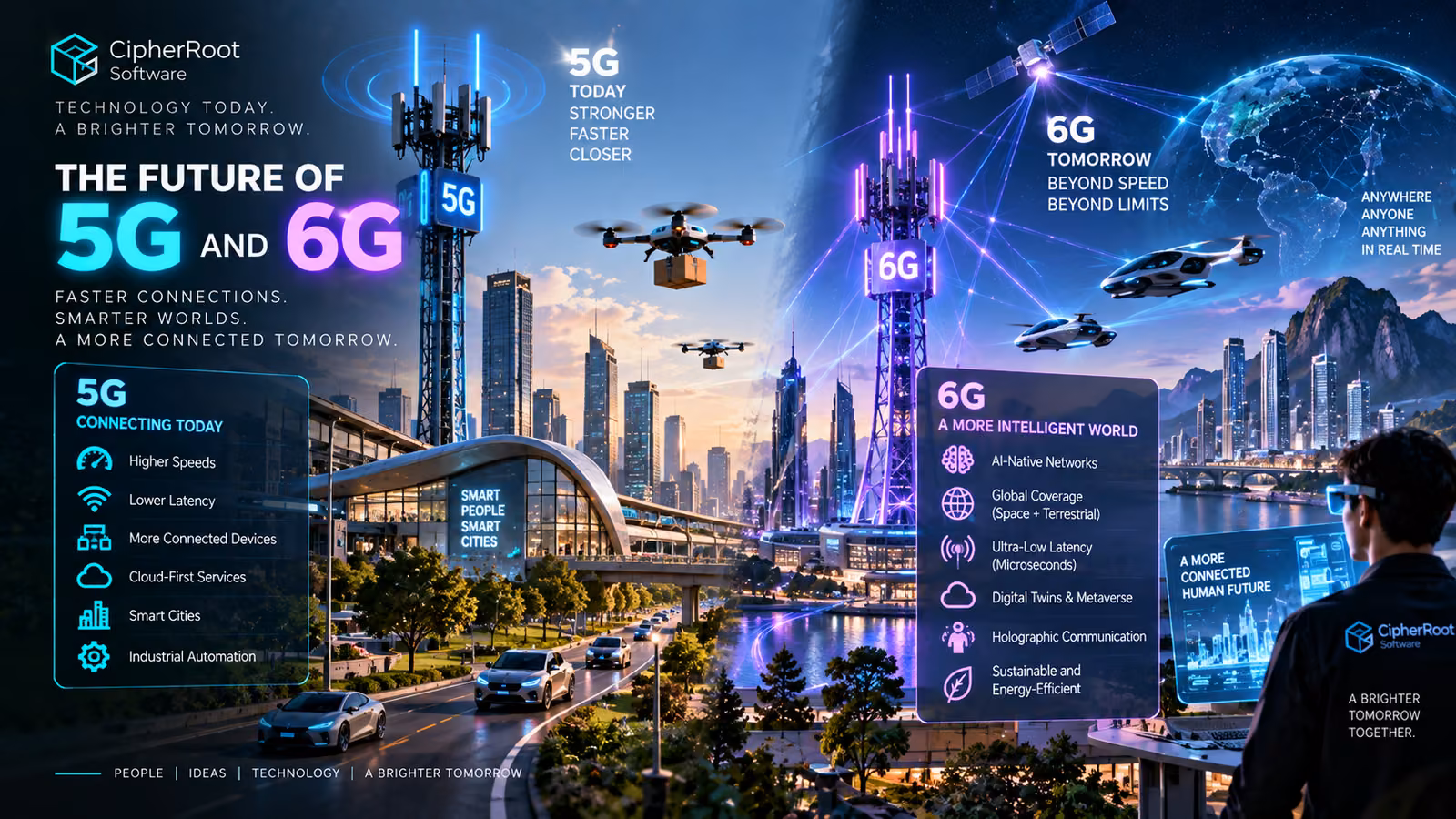 5G and 6G towers in a futuristic city with drones and connected vehicles, titled “The Future of 5G and 6G”