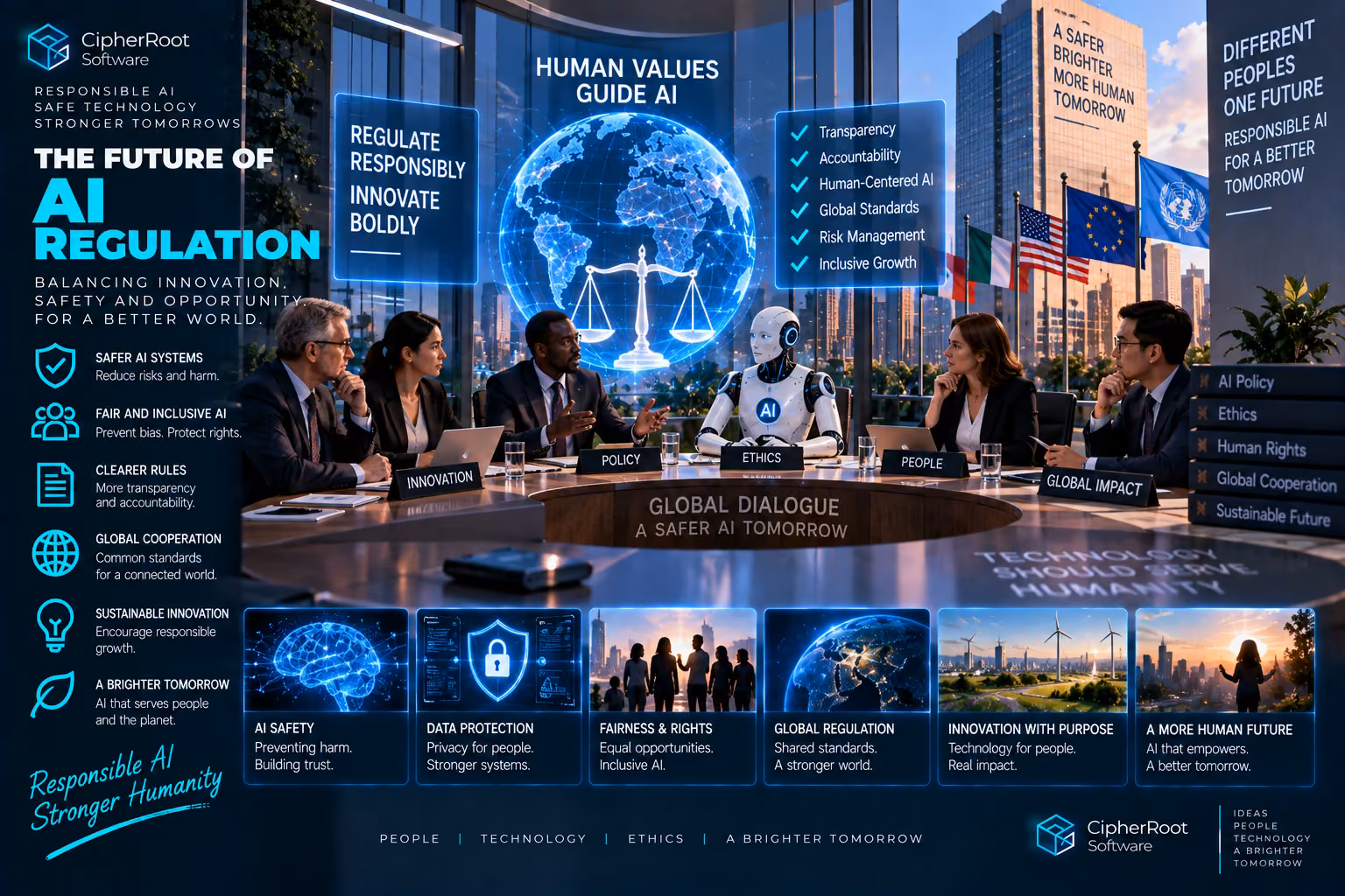 People and a robot seated at a round table beneath a holographic globe labelled “Global Dialogue”, titled “The Future of AI Regulation”