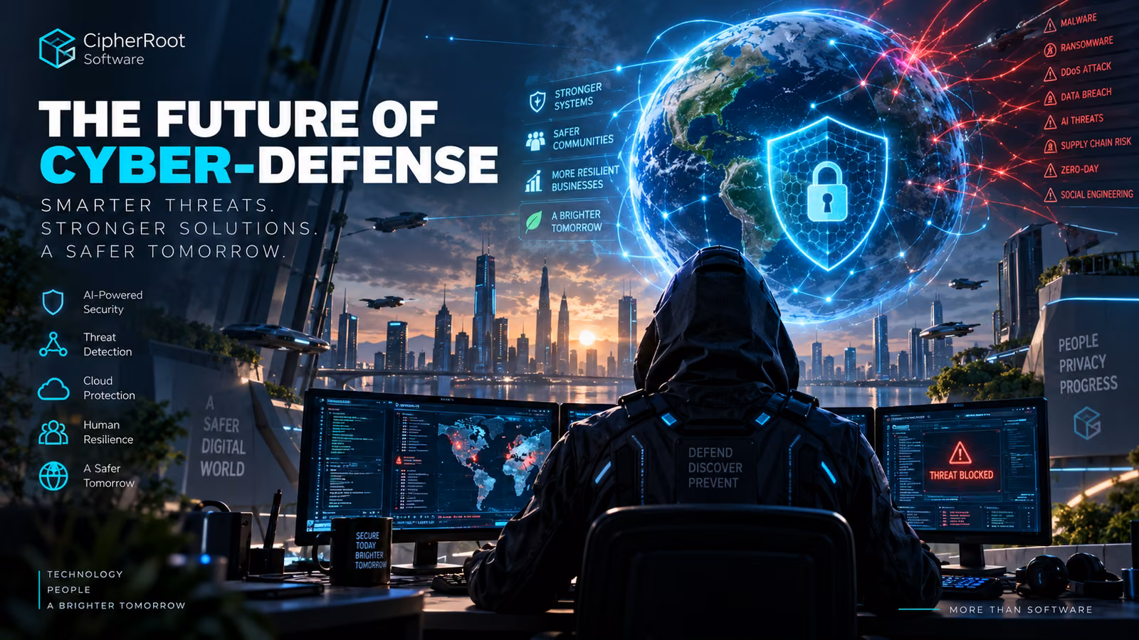 A hooded figure at a desk of monitors facing a glowing globe with a padlock, titled “The Future of Cyber-Defense”