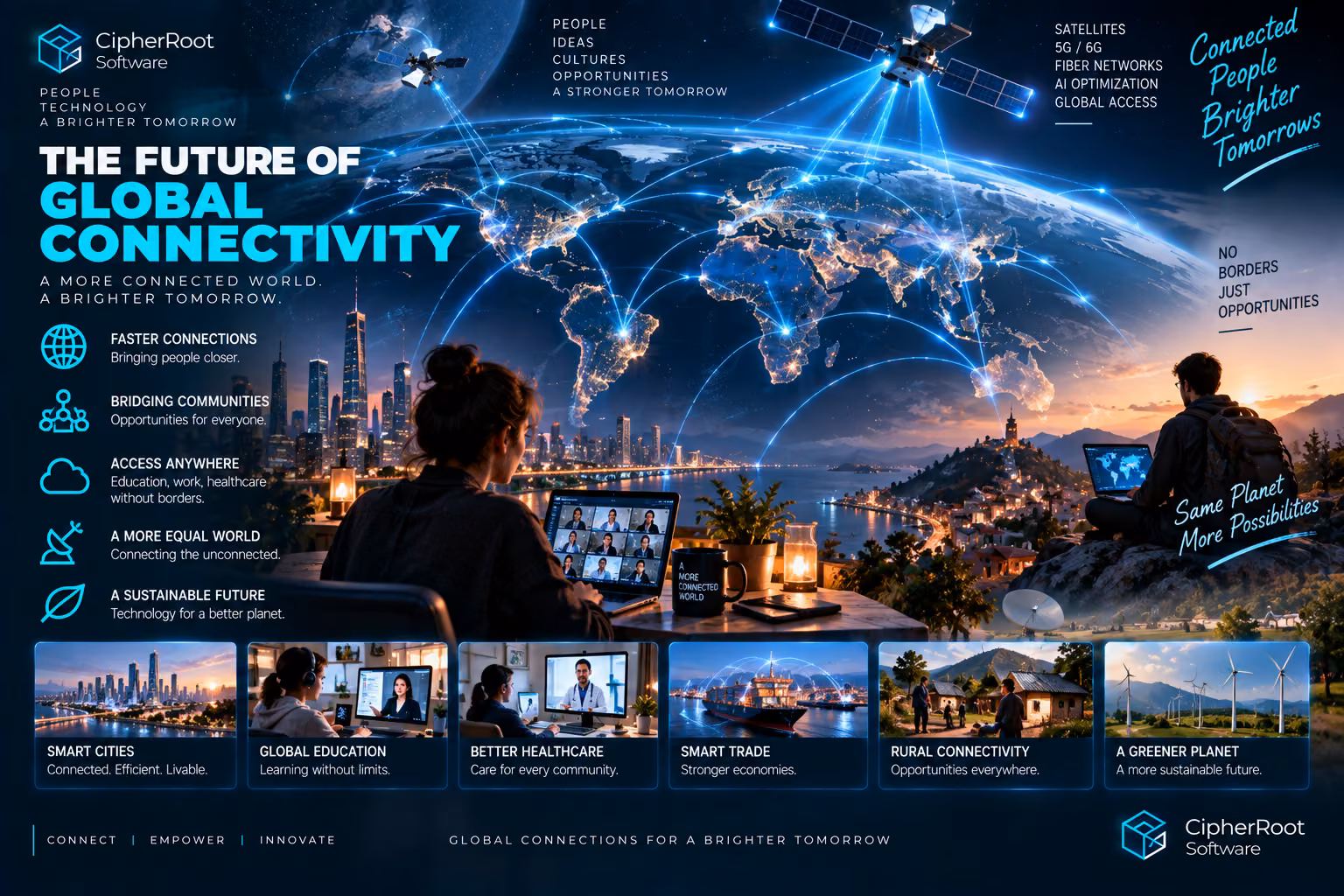 Satellites orbiting Earth above a person working on a laptop on a rooftop at dusk, titled “The Future of Global Connectivity”