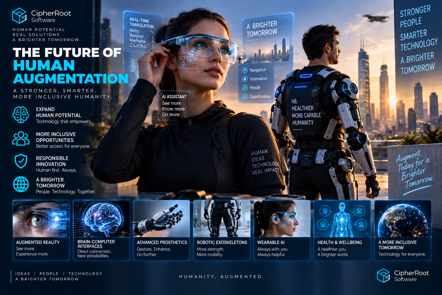 A woman wearing augmented-reality glasses and a man in a robotic exoskeleton in a city, titled “The Future of Human Augmentation”