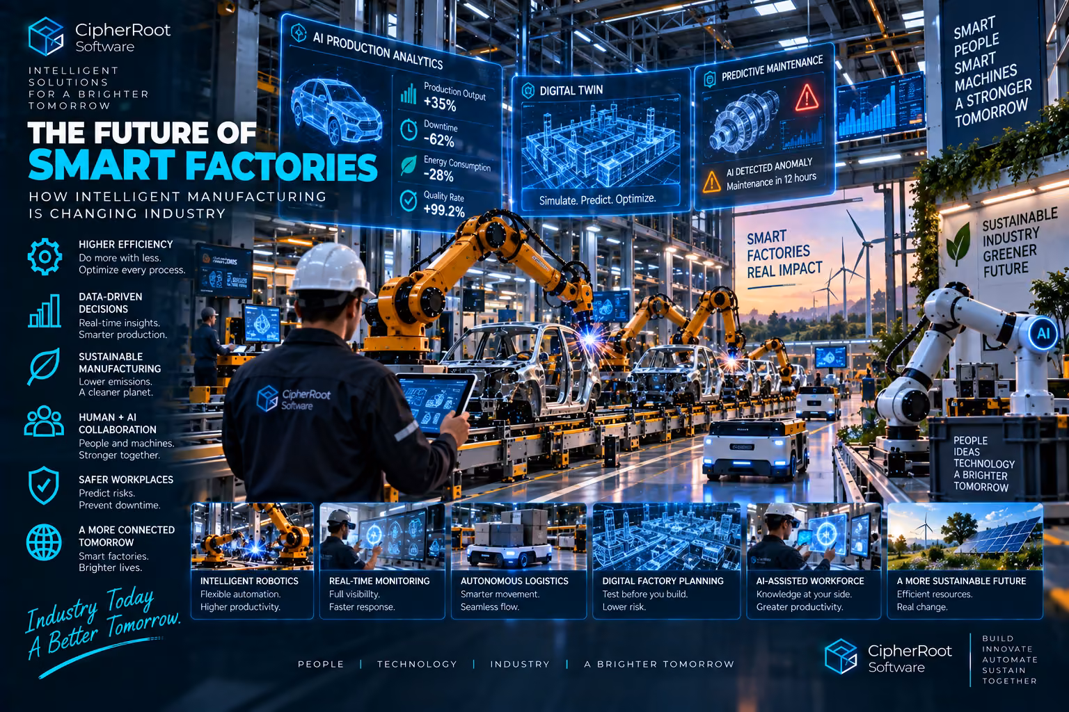 An engineer with a tablet overseeing robotic arms on a smart-factory line, titled “The Future of Smart Factories”