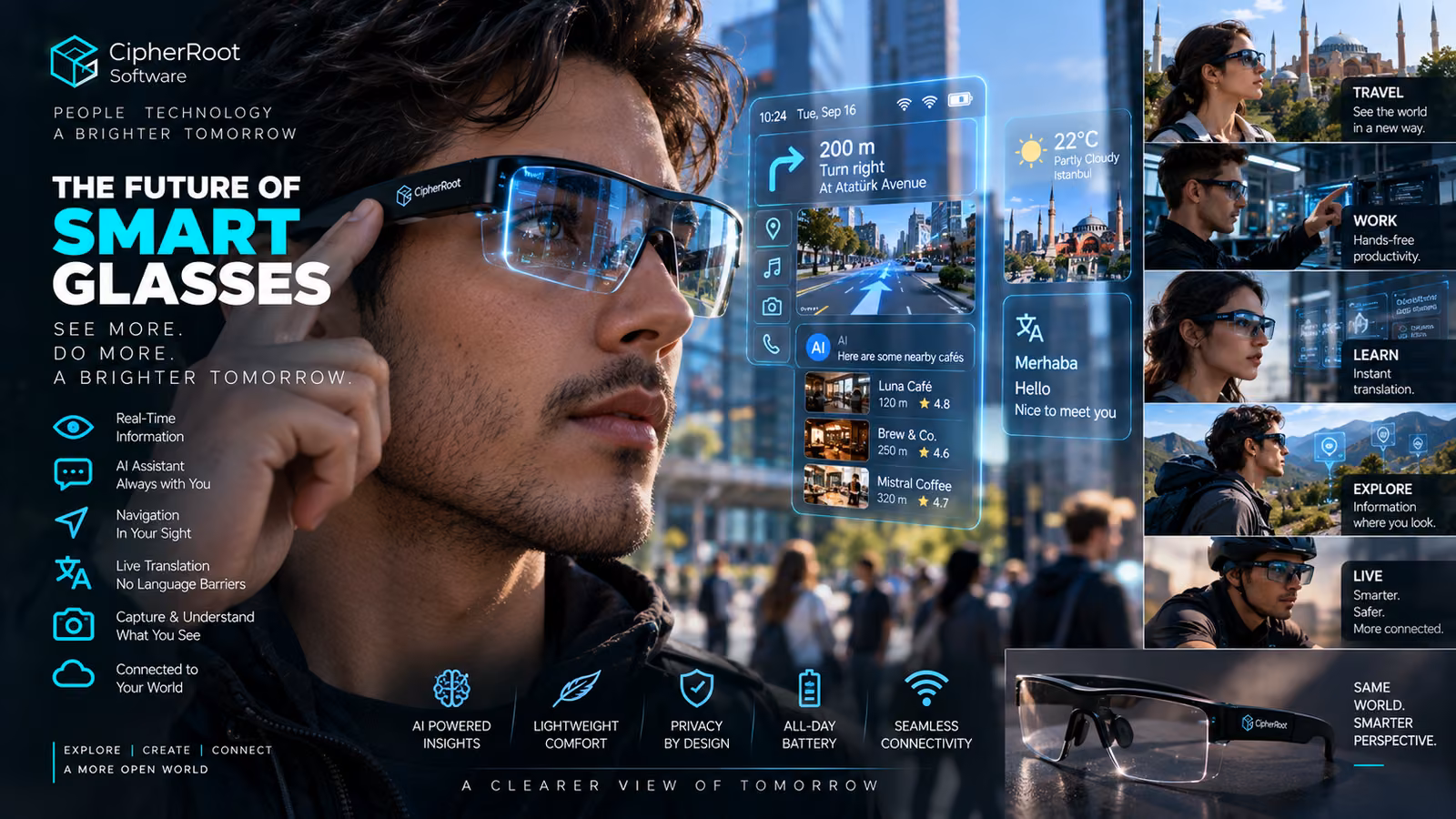A man wearing smart glasses with augmented-reality overlays on a city street, titled “The Future of Smart Glasses”
