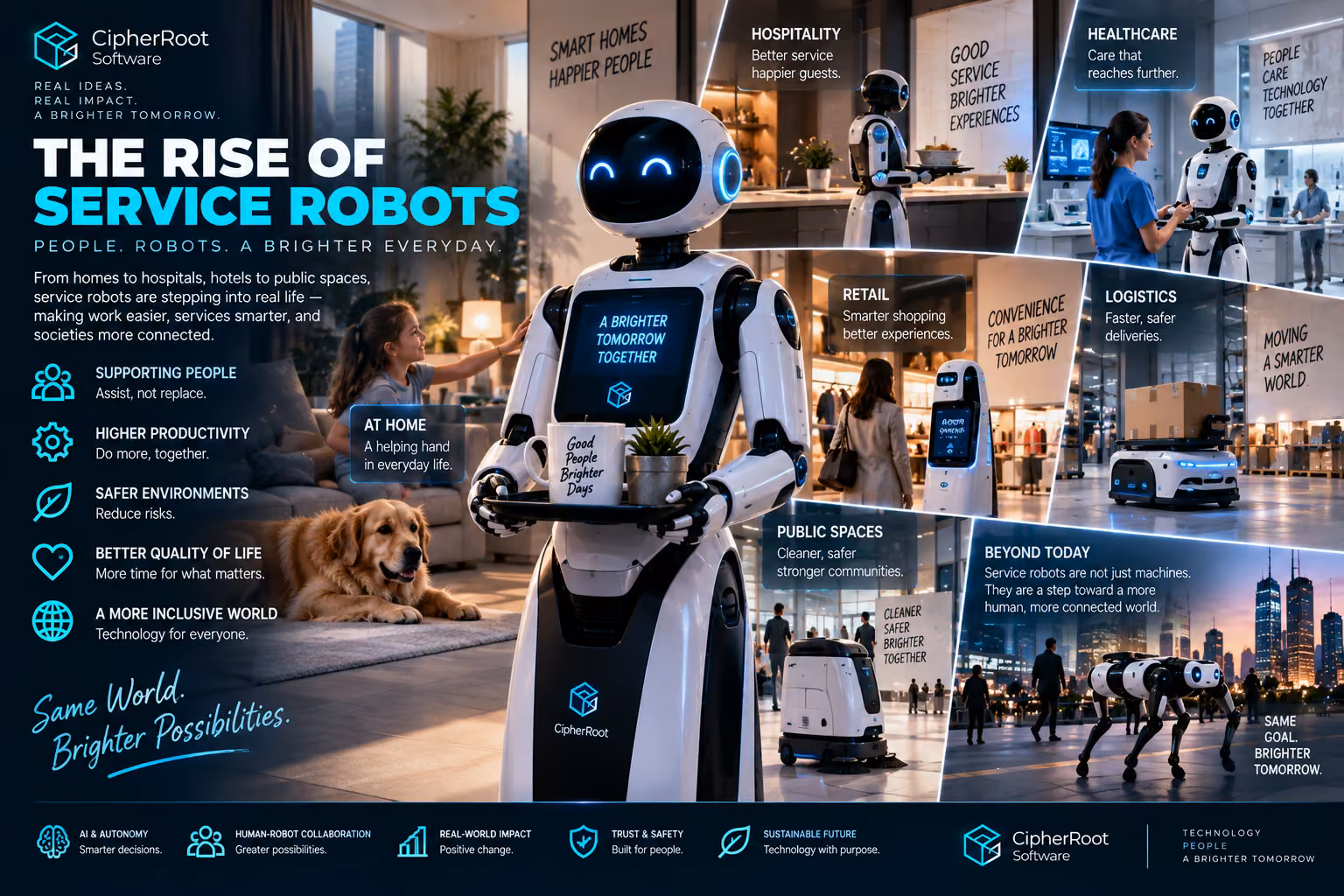 A white service robot carrying a tray in a busy indoor public space, titled “The Rise of Service Robots”