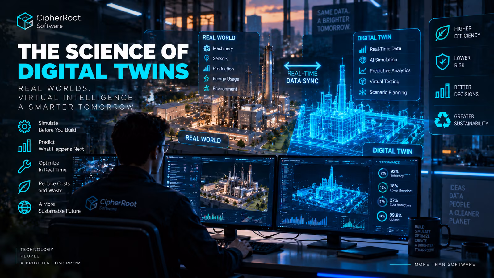 A person at a desk viewing a glowing holographic digital twin of a city on several monitors, titled “The Science of Digital Twins”