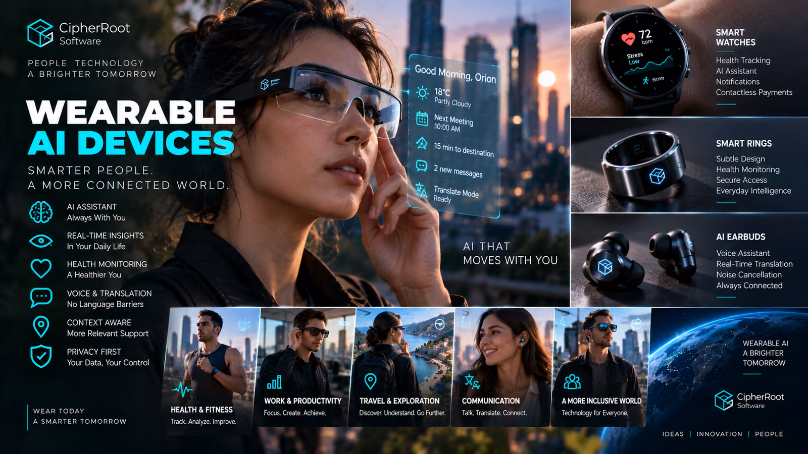 A woman wearing smart glasses beside panels showing a smartwatch, a smart ring and AI earbuds, titled “Wearable AI Devices”